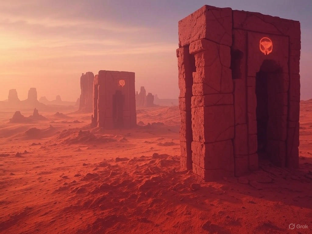 Futuristic cityscape with advanced technology infrastructure and neon lights in a desert setting at dusk