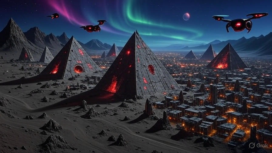 A vast desert landscape with a large, organized encampment of futuristic structures and vehicles, resembling a colony setup