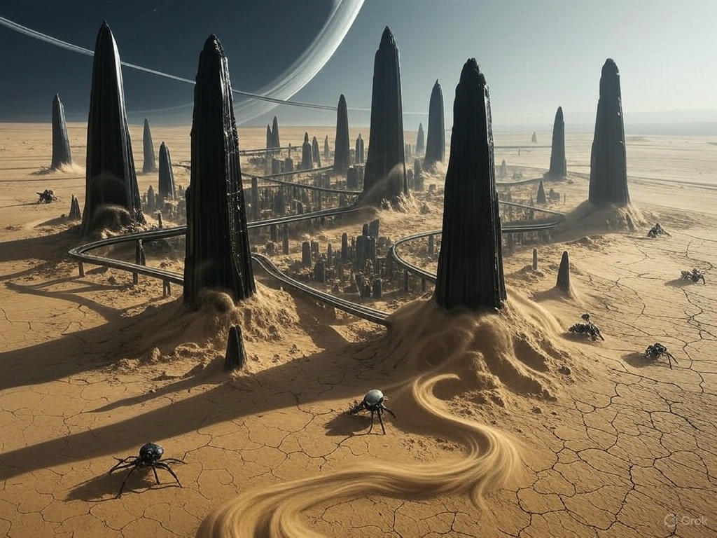 A vast desert landscape with large organized futuristic structures resembling a colony setup