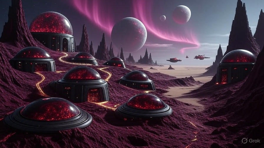 A vast desert landscape with a large, organized encampment of futuristic structures and vehicles, resembling a colony setup
