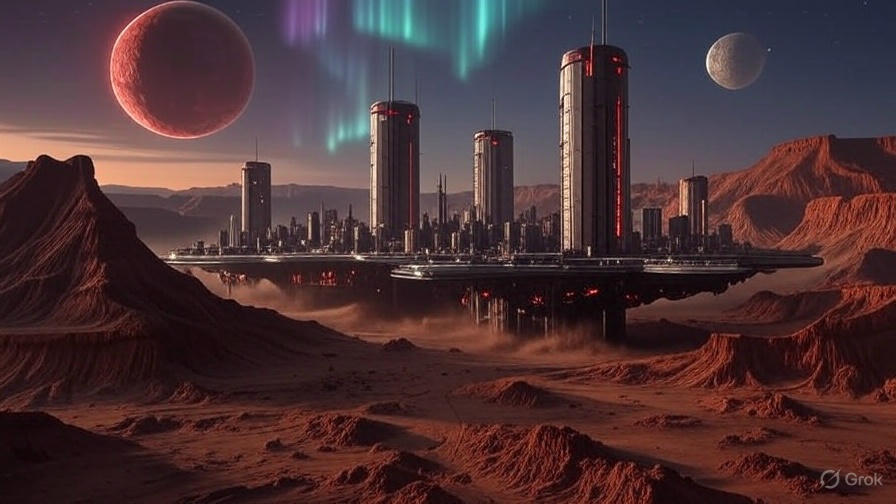 A vast desert landscape with a large, organized encampment of futuristic structures and vehicles, resembling a colony setup