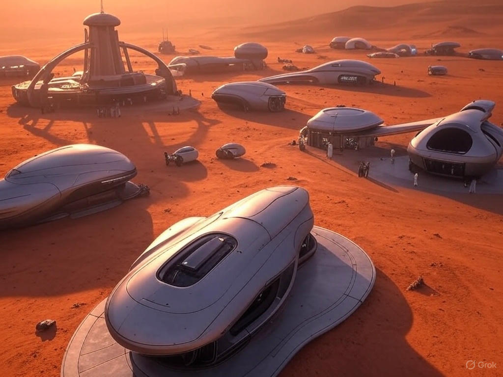 A vast desert landscape with large organized futuristic structures resembling a colony setup