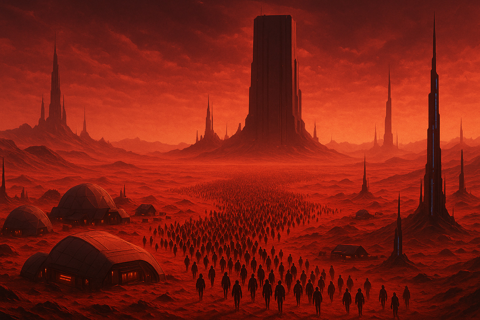 A vast desert landscape with a large, organized encampment of futuristic structures and vehicles, resembling a colony setup