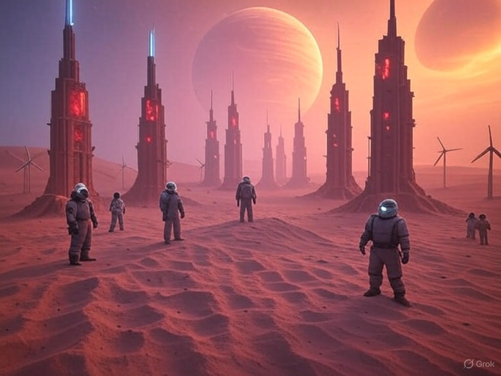 A vast desert landscape with a large, organized encampment of futuristic structures and vehicles, resembling a colony setup