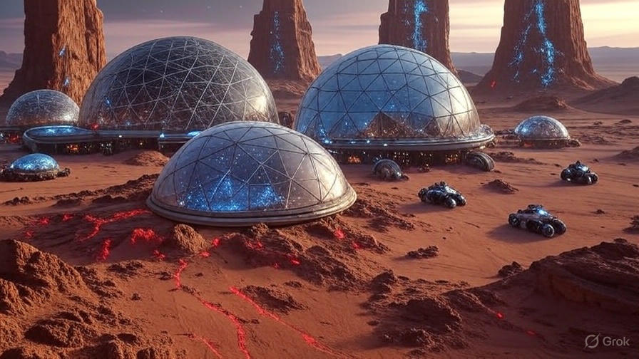 A vast desert landscape with a large, organized encampment of futuristic structures and vehicles, resembling a colony setup