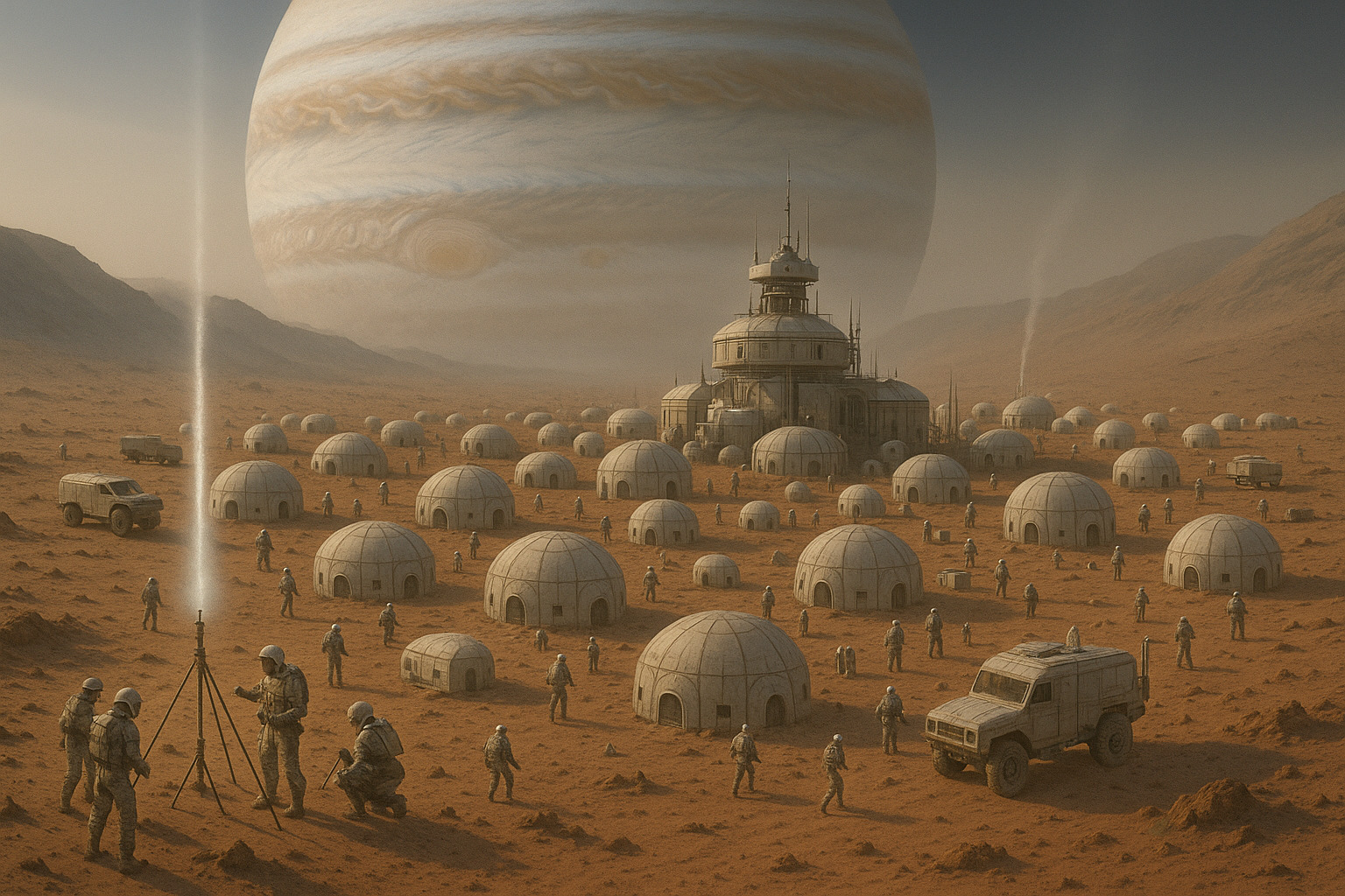 A vast desert landscape with a large, organized encampment of futuristic structures and vehicles, resembling a colony setup