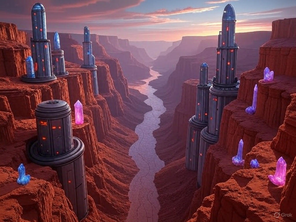 A vast desert landscape with a large, organized encampment of futuristic structures and vehicles, resembling a colony setup