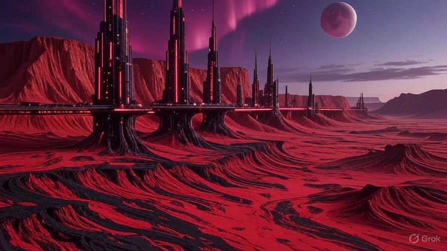A vast desert landscape with a large, organized encampment of futuristic structures and vehicles, resembling a colony setup