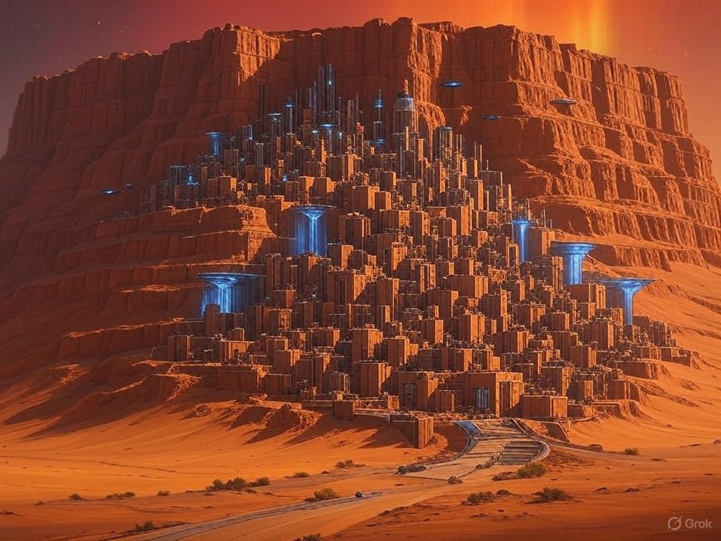 A vast desert landscape with a large, organized encampment of futuristic structures and vehicles, resembling a colony setup