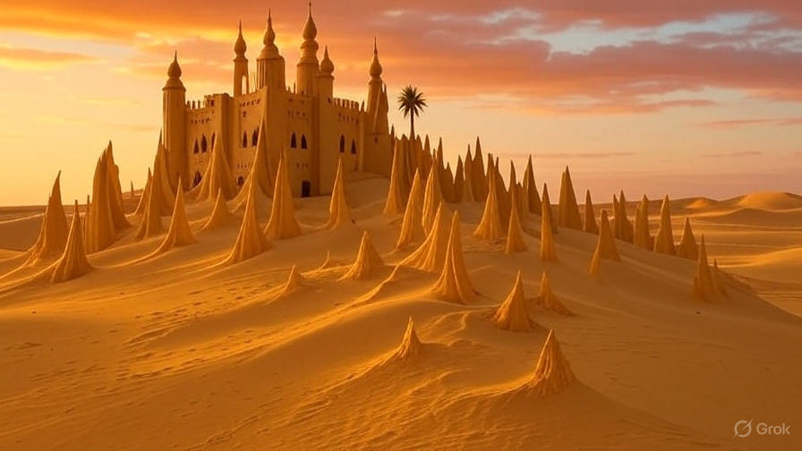 A vast desert landscape with large organized futuristic structures resembling a colony setup