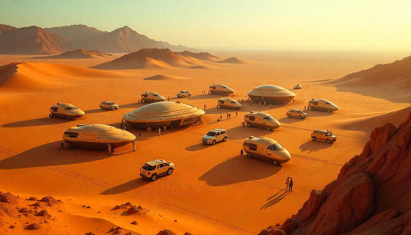 A vast desert landscape with a large, organized encampment of futuristic structures and vehicles, resembling a colony setup
