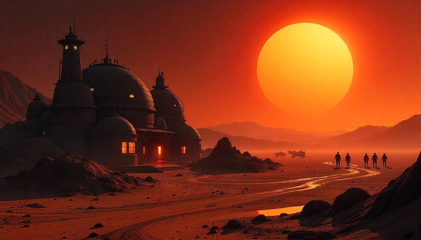 A desert colony, with dynamic architecture, vibrant colors, and lively activity