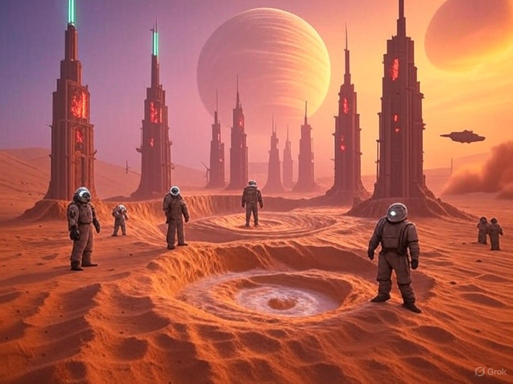 A vast desert landscape with large organized futuristic structures resembling a colony setup