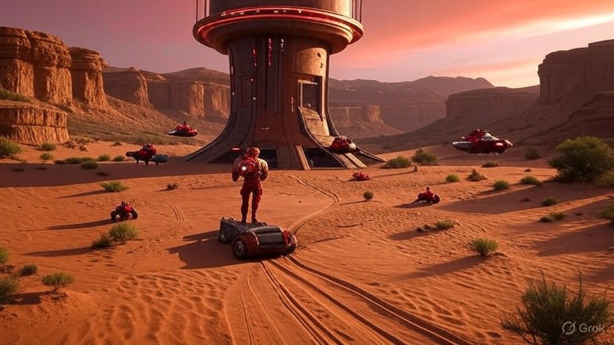 A vast desert landscape with large organized futuristic structures resembling a colony setup