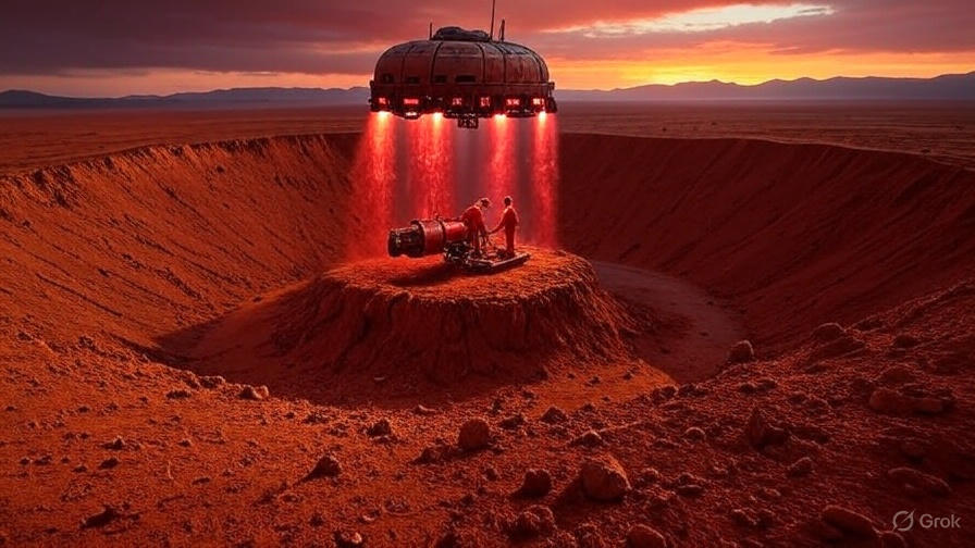A vast desert landscape with a large, organized encampment of futuristic structures and vehicles, resembling a colony setup