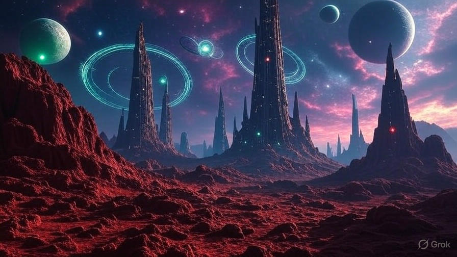 Futuristic cityscape with advanced technology infrastructure and neon lights in a desert setting at dusk