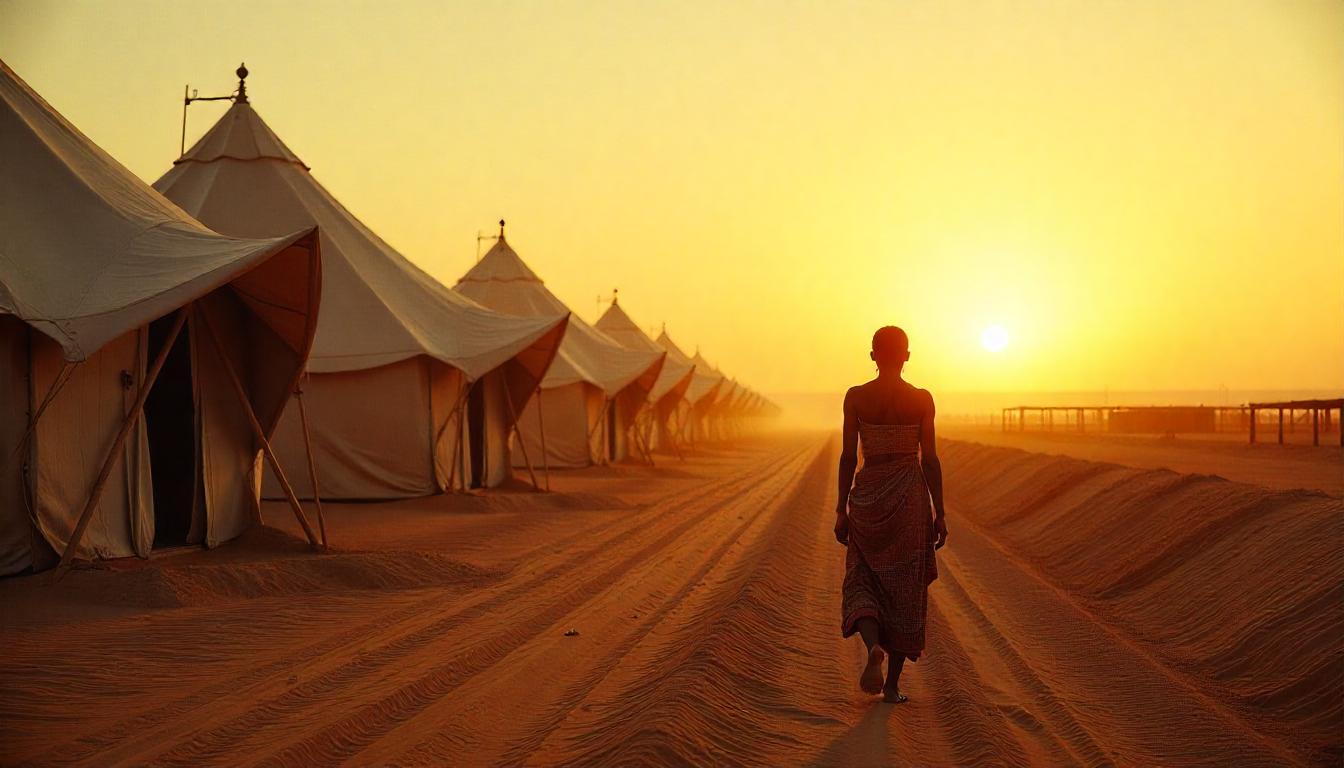A vast desert landscape with a large, organized encampment of futuristic structures and vehicles, resembling a colony setup