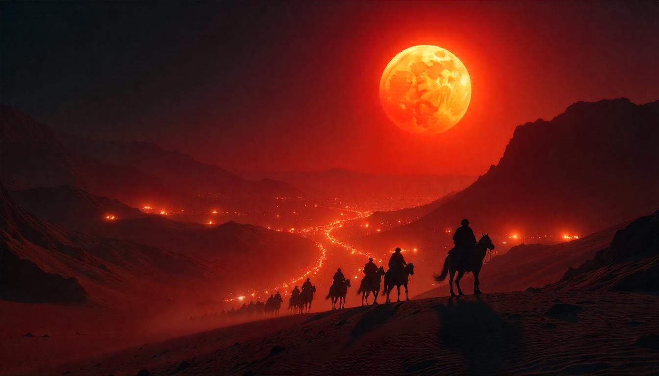 A vast desert landscape with a large, organized encampment of futuristic structures and vehicles, resembling a colony setup