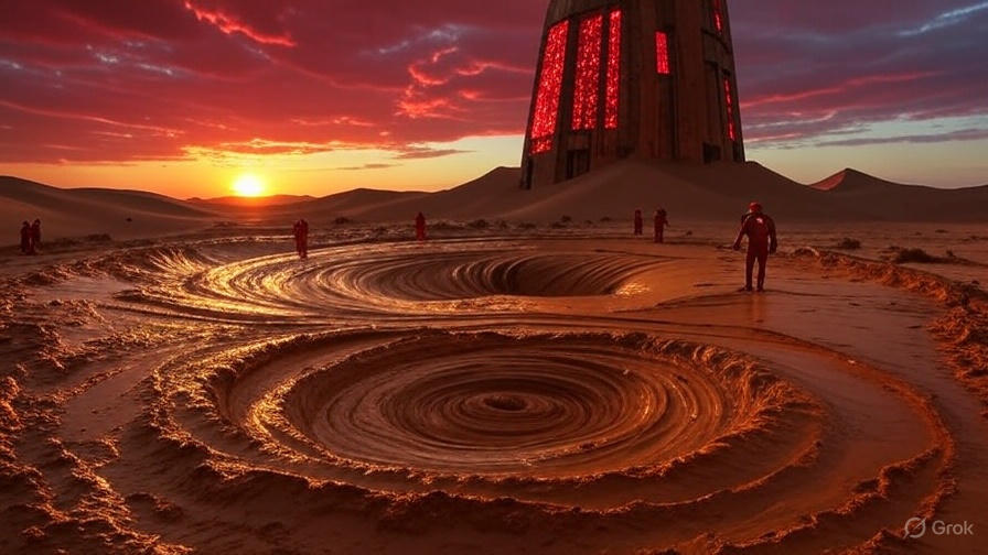 Futuristic desert cityscape at sunset with a central towering structure, rows of spherical buildings, and crowds of people