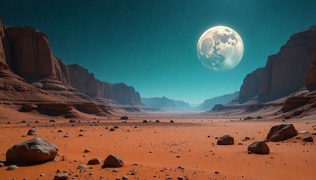 A vast desert landscape with a large, organized encampment of futuristic structures and vehicles, resembling a colony setup