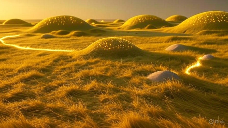 A vast desert landscape with a large, organized encampment of futuristic structures and vehicles, resembling a colony setup