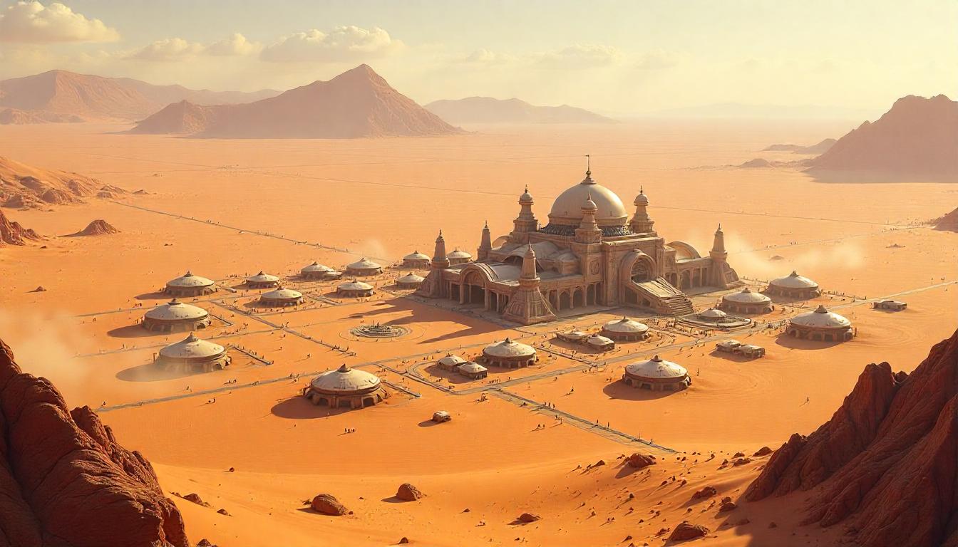 A vast desert landscape with a large, organized encampment of futuristic structures and vehicles, resembling a colony setup