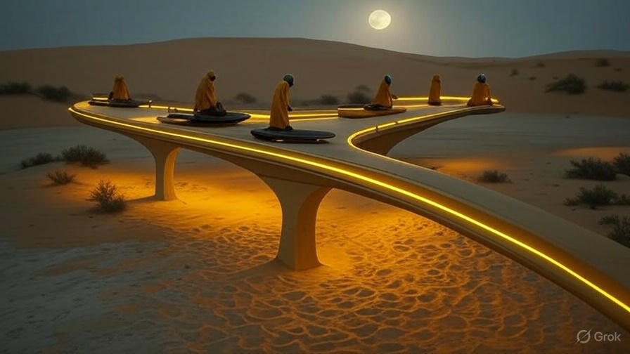 A vast desert landscape with a large, organized encampment of futuristic structures and vehicles, resembling a colony setup