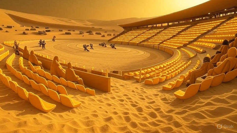 A vast desert landscape with a large, organized encampment of futuristic structures and vehicles, resembling a colony setup