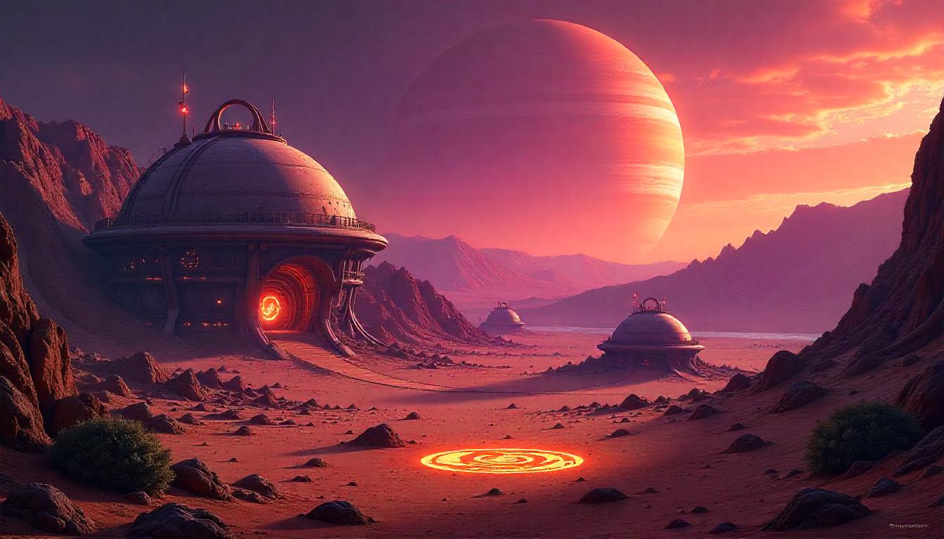 A vast desert landscape with the futuristic colony encampment and the magician overlooking it