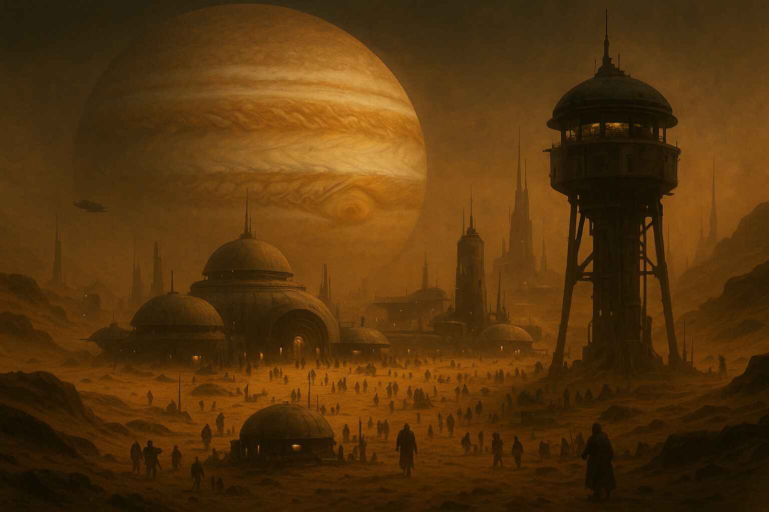 A vast desert landscape with a large, organized encampment of futuristic structures and vehicles, resembling a colony setup