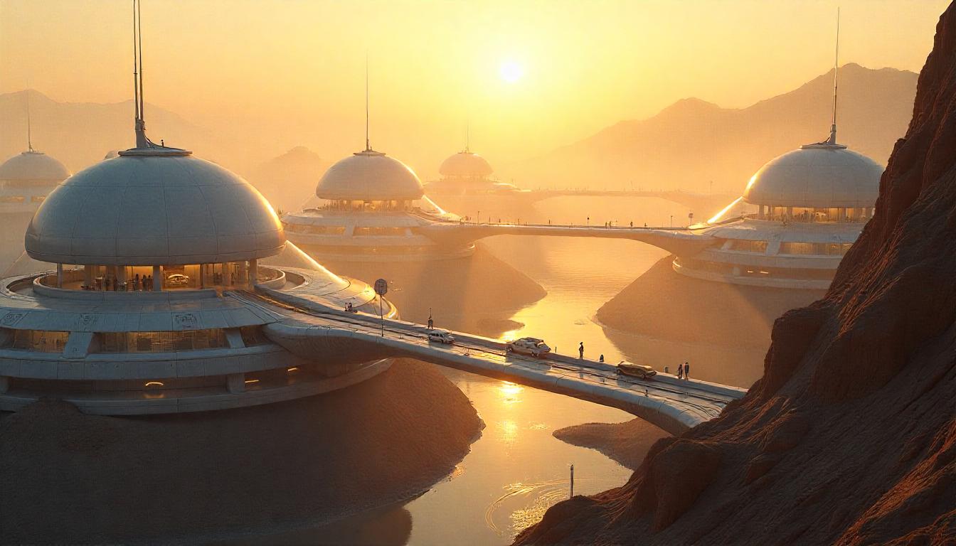 A vast desert landscape with the futuristic colony encampment and the magician overlooking it