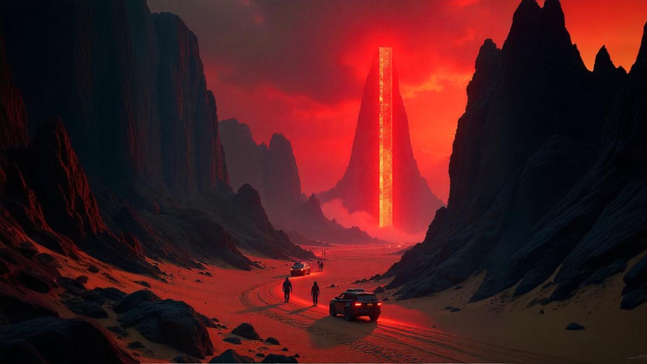 A vast desert landscape with a large, organized encampment of futuristic structures and vehicles, resembling a colony setup