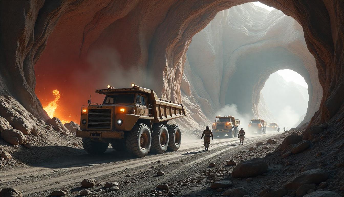 A vast desert landscape with a large, organized encampment of futuristic structures and vehicles, resembling a colony setup