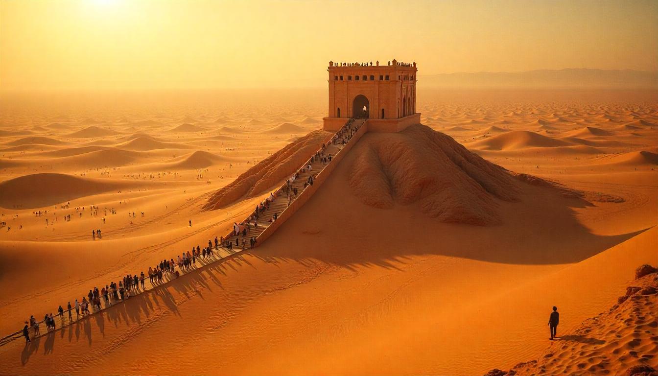 A vast desert landscape with a large, organized encampment of futuristic structures and vehicles, resembling a colony setup