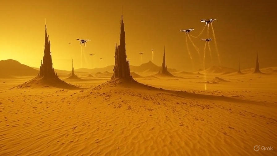 A vast desert landscape with a large, organized encampment of futuristic structures and vehicles, resembling a colony setup