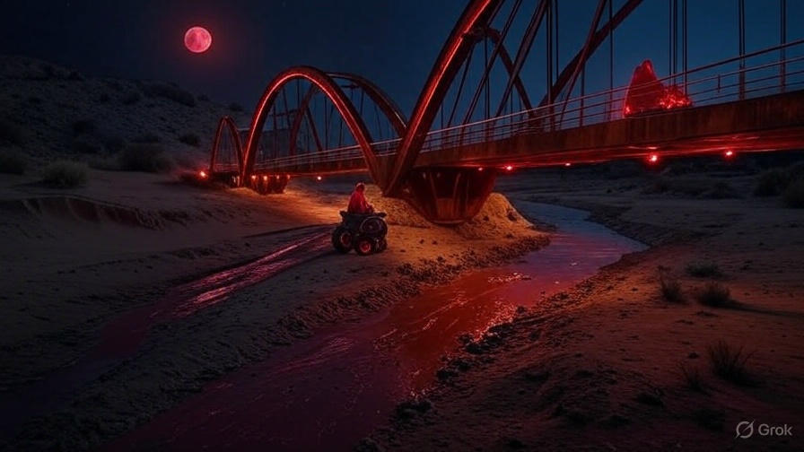 A vast desert landscape with large organized futuristic structures resembling a colony setup