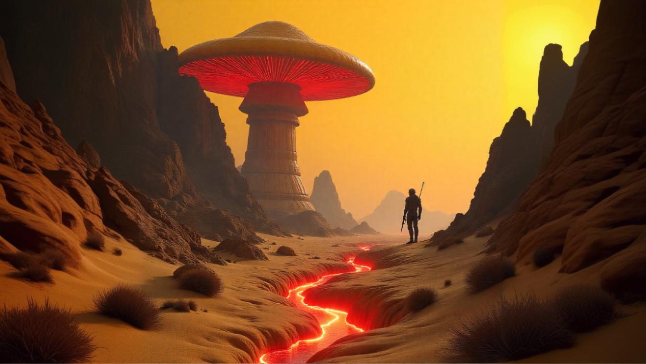 A vast desert landscape with the futuristic colony encampment and the magician overlooking it