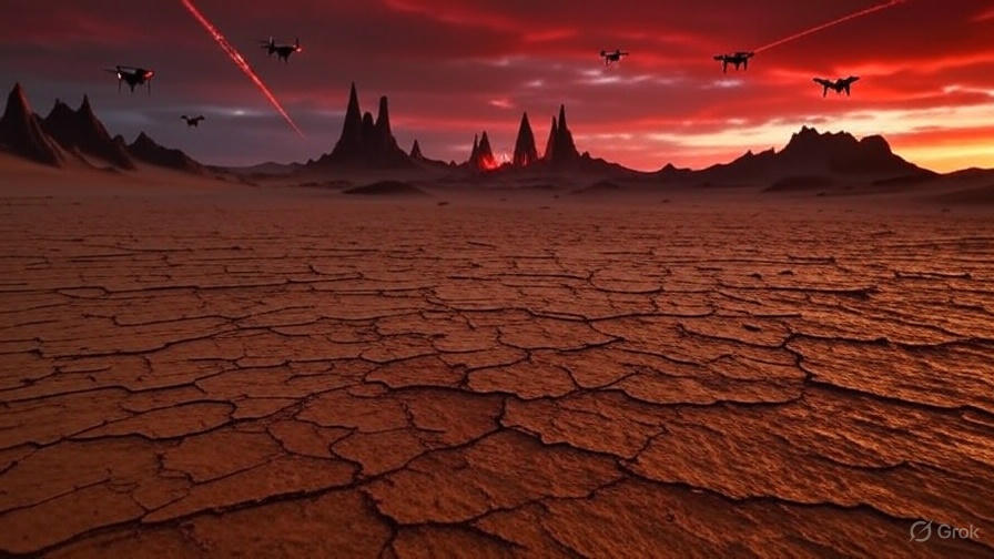 Futuristic cityscape with advanced technology infrastructure and neon lights in a desert setting at dusk