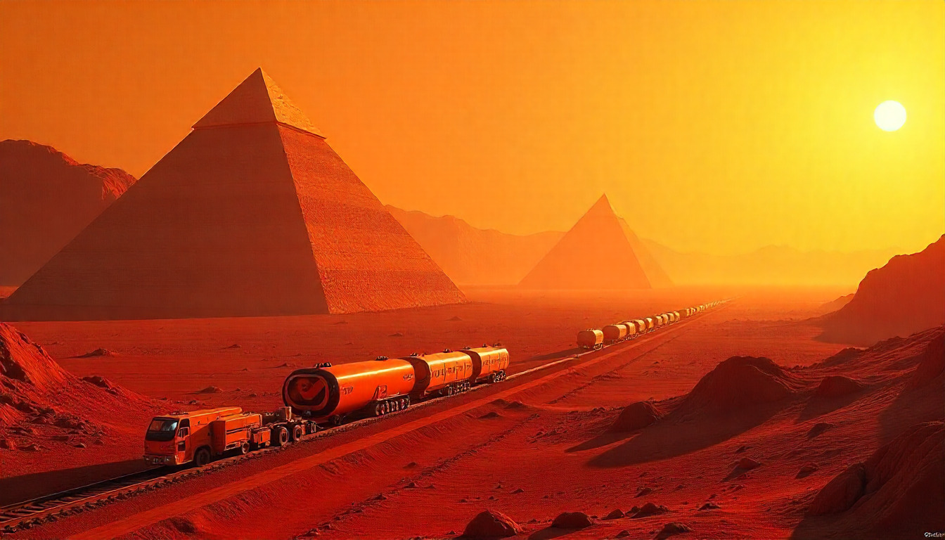 A vast red and yellow hue pyramid desert landscape with a railway track 