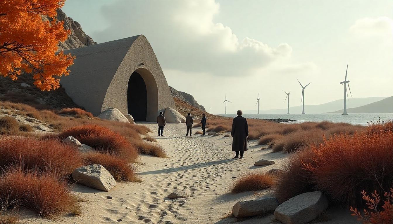 A sea side view of vast landscape showing a tunnel made of stone and three men walking towards it
