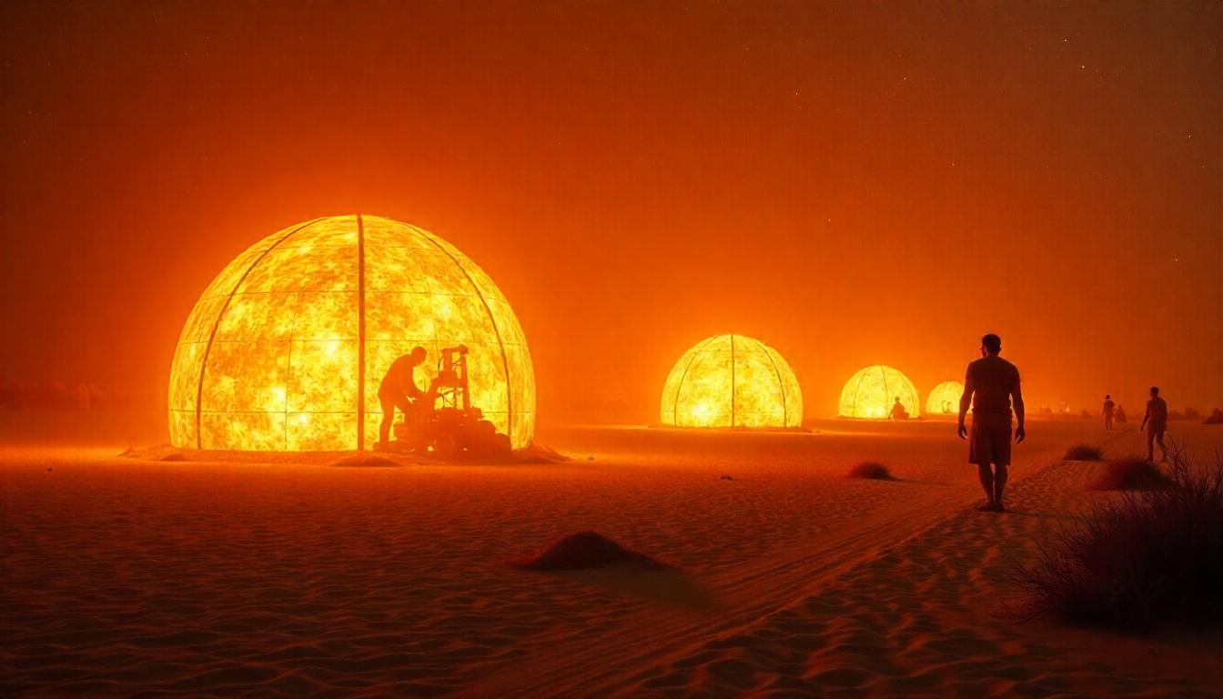 Futuristic cityscape with advanced technology infrastructure and neon lights in a desert setting at dusk