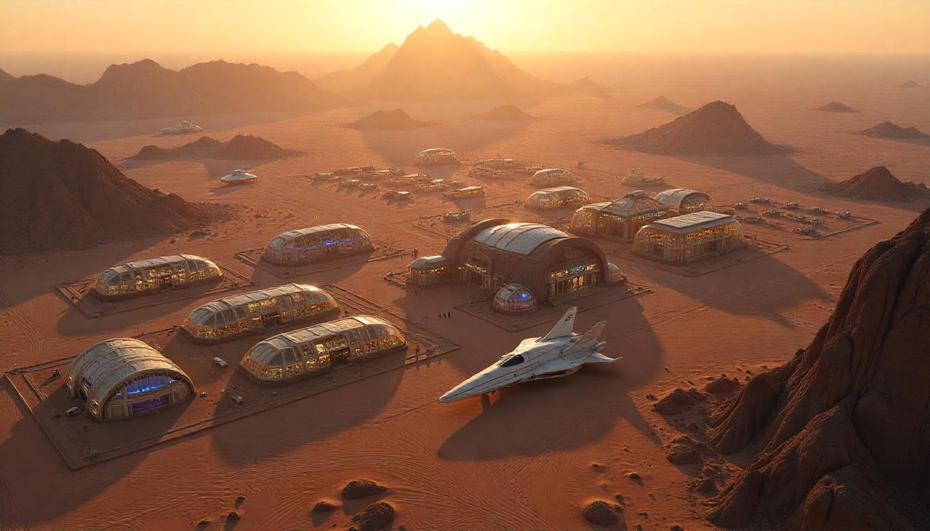 Futuristic desert cityscape at sunset with a central towering structure, rows of spherical buildings, and crowds of people