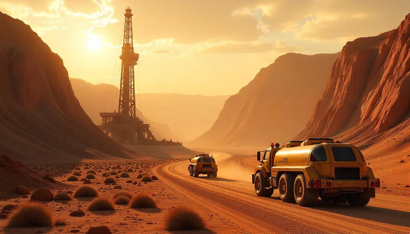 Futuristic desert cityscape at sunset with couple of trucks moving and crowds of people