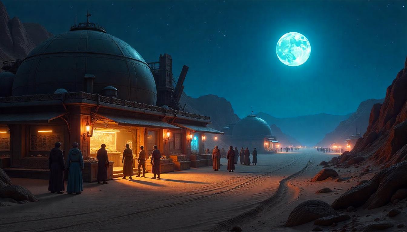Futuristic cityscape with advanced technology infrastructure and neon lights in a desert setting at dusk