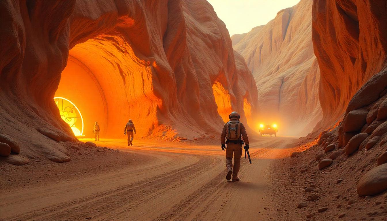 A desert colony set up with futuristic structures and tall buildings in sight