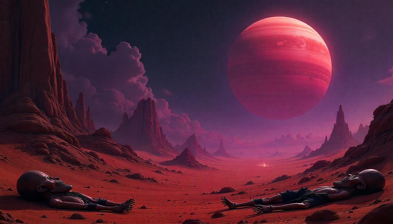 Futuristic cityscape with advanced technology infrastructure and neon lights in a desert setting at dusk