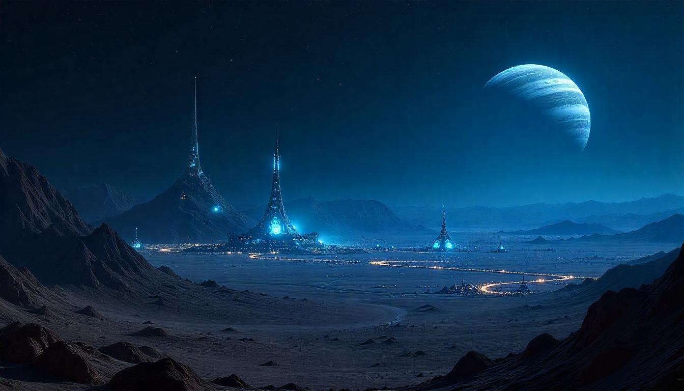 Futuristic cityscape with advanced technology infrastructure and neon lights in a desert setting at dusk