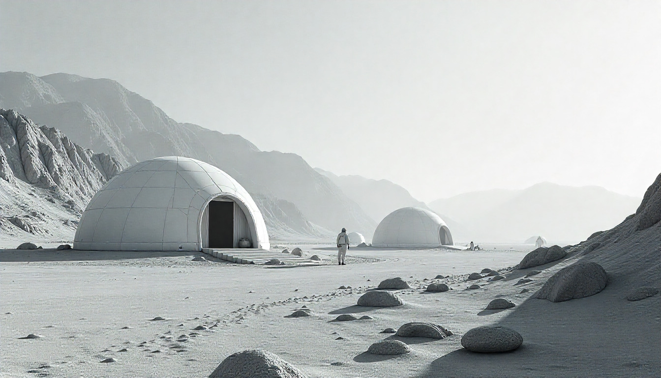Futuristic desert cityscape with a central towering structure, rows of spherical buildings, and crowds of people