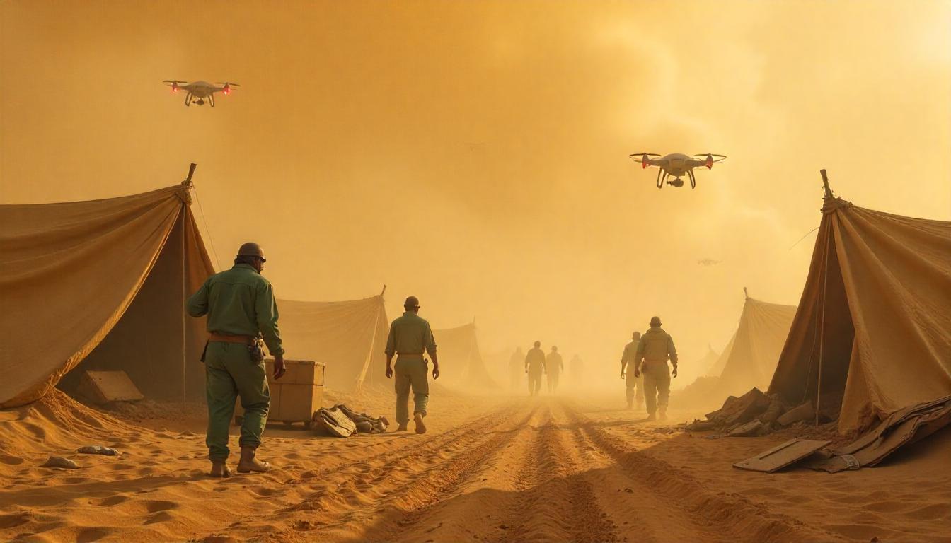A vast desert landscape with few soldiers walking in the same forward direction, there are few military helicopters in sky and camps are laid down on the desert landscape