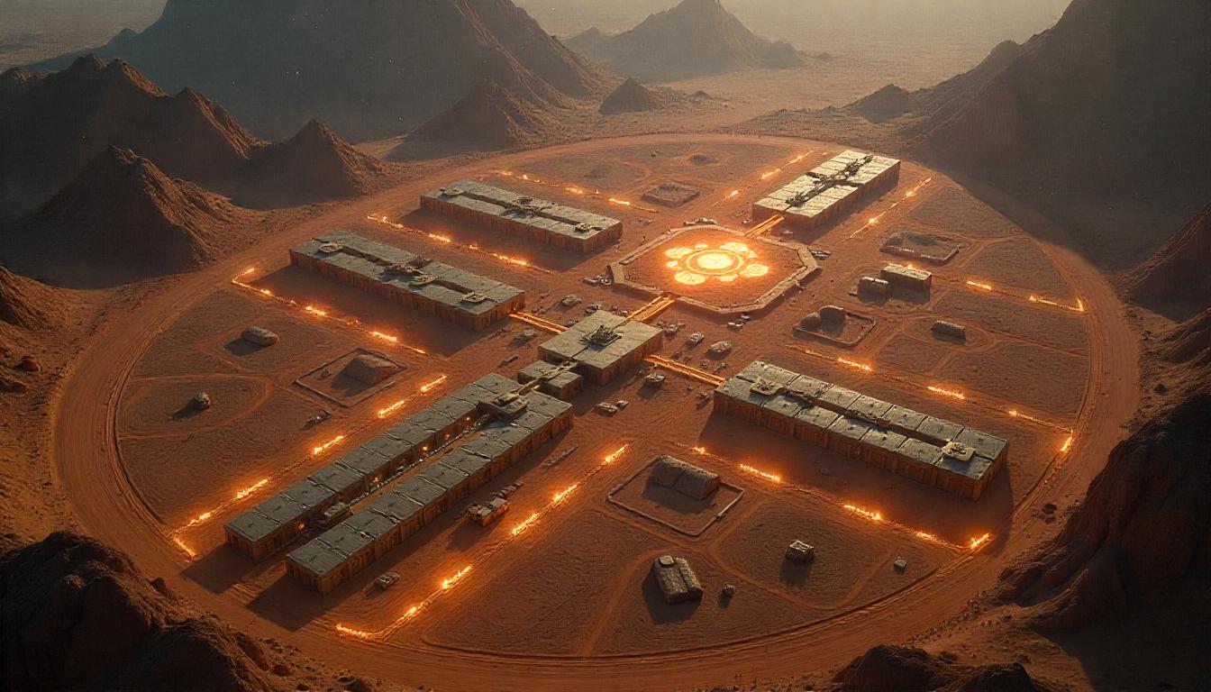 Futuristic cityscape with advanced technology infrastructure and neon lights in a desert setting at dusk